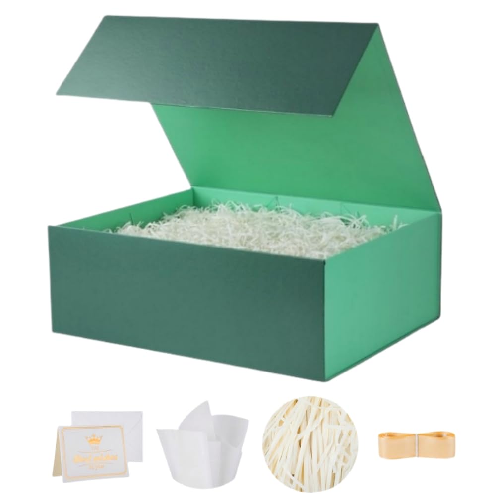 UoeRing 1 Pcs Green Gift Box 9.5x6x3 inch Small Luxury Gift Box for Presents with Magnetic Lid Collapsible,Birthday,Christmas,Contains Card, Ribbon, Tissue Paper,Shredded Paper Fille
