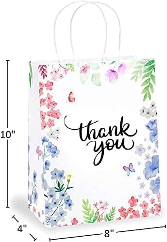 Purple Q Crafts Thank You Gift Bags 50 Pack 8" X 4" X 10" Small Paper Bags With Handles Floral Design Thank You Bags For Business, Boutique, Gifts, Wedding Favors…