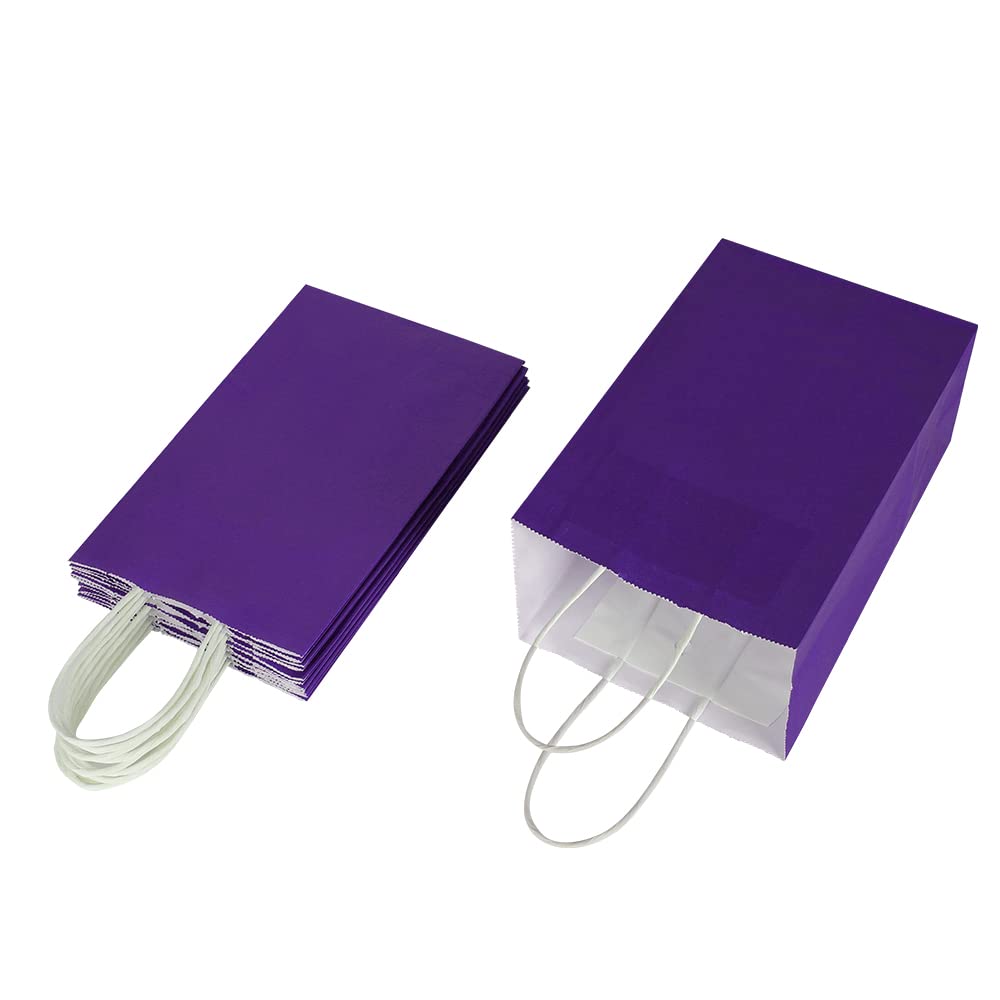 Oikss 50 Pack 5.25x3.25x8.25 Inch Small Purple Kraft Paper Bags with Handles Bulk for Birthday Wedding Party Favors Grocery Retail Shopping Business Goody Craft Gift Bags Cub Sacks, 50 Count