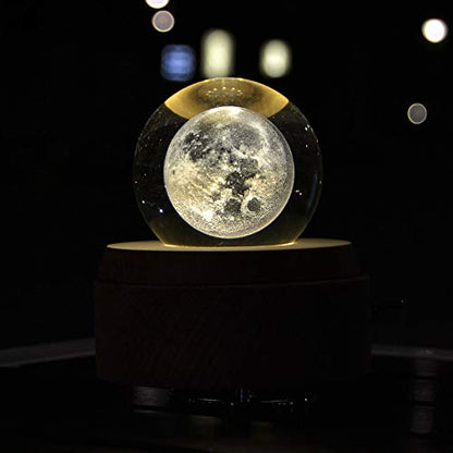 H&D HYALINE & DORA 70mm (2.75 Inch) 3D Laser Moon Crystal Glass Ball Paperweight with Metal Stand Home Decoration Collectible Gift