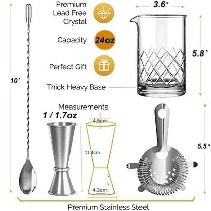 MOFADO. Premium Crystal Cocktail Mixing Glass Set - Professional Bartender Tools/Bar Accessories - Thick Bottom Pitcher/Beaker,Jigger, Muddler, Spoon-4 piece (24 Oz) Ideal Gift