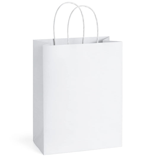 BagDream 50Pcs Gift Bags 8x4.25x10.5 Kraft Paper Gift Bags with Handles Bulk for Shopping, Wedding, Party Favor, Merchandise, Retail, White Paper Grocery Sacks