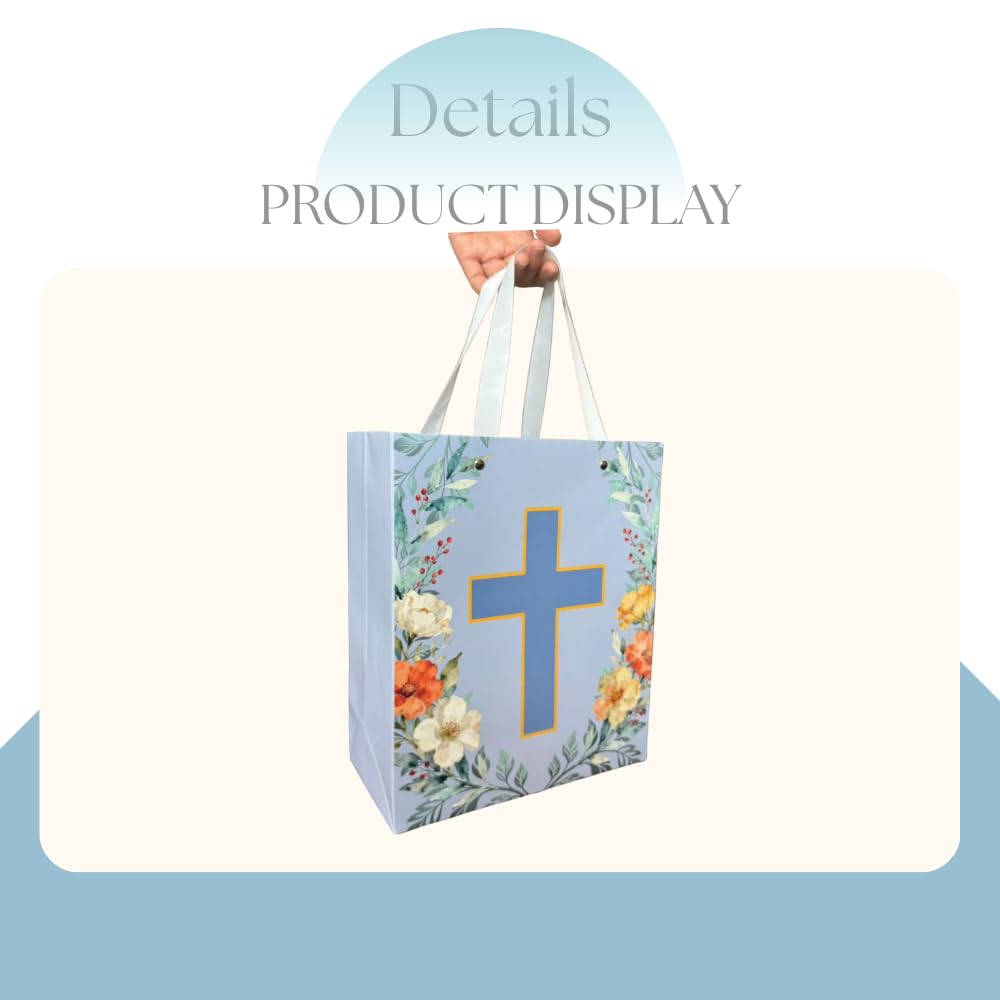 Noyi Traxd Large Blue Baptism Gift Bag - 10" x 5" x 11.8", with Cross Design, First Communion Card and Tissue Paper for Baby Boy Baptisms, Christenings and First Communions Religious Occasion