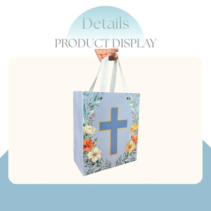 Noyi Traxd Large Blue Baptism Gift Bag - 10" x 5" x 11.8", with Cross Design, First Communion Card and Tissue Paper for Baby Boy Baptisms, Christenings and First Communions Religious Occasion