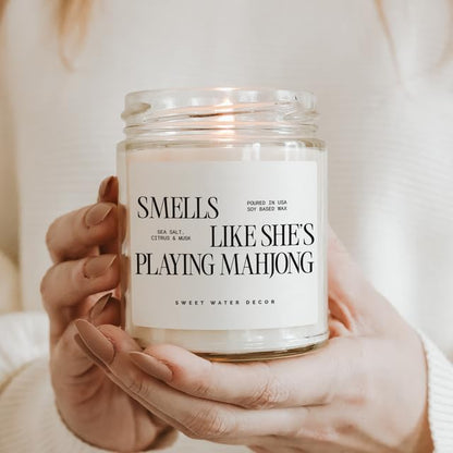 Sweet Water Decor Smells Like She’s Playing Mahjong Candle, Funny Mahjong Gift for Women, 9oz Candle with Gold Lid, Sea Salt Citrus Musk Amber Scent, Non-Toxic Soy Wax, Unique Game Night Gift Idea