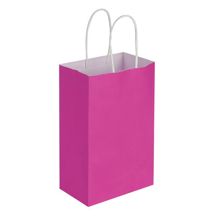 Oikss 100 Pack 5.25x3.25x8.25 Inch Small Hot Pink Kraft Paper Bags with Handles Bulk for Birthday Wedding Party Favors Grocery Retail Shopping Business Goody Craft Gift Bags Sacks (Fuchsia 100 Count)