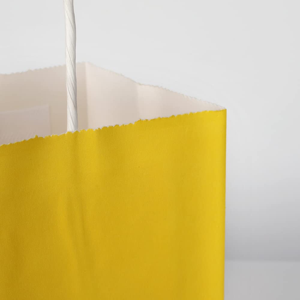 Oikss 100 Pack 5.25x3.25x8.25 Inch Small Yellow Kraft Paper Bags with Handles Bulk for Birthday Wedding Party Favors Grocery Retail Shopping Business Goody Craft Gift Bags Cub Sacks (100pcs Count)