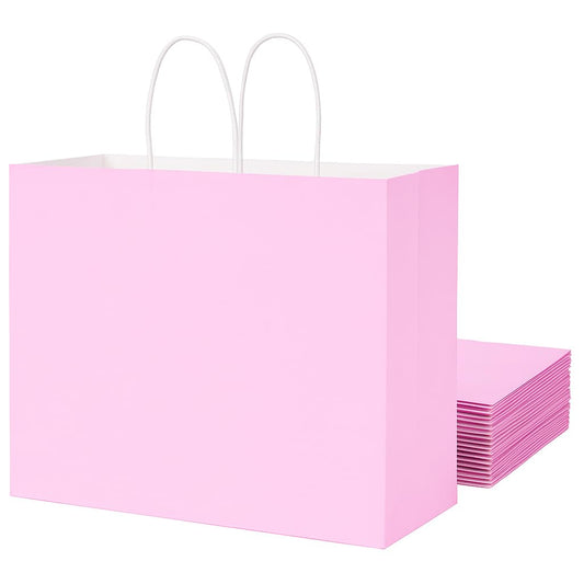 SUNCOLOR Paper Gift Bags with Handles, Pink, 13x10x5.5 Inch, Large Size, 25 Pack, for Birthday, Wedding, Shopping
