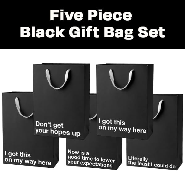 MilkToast Brands Funny Gift Bag Set of 5, 11" x 8" x 4", Bulk Pack of Black Kraft Paper Bags with Sarcastic Phrases for White Elephant Gifts, Christmas, Holidays, Office Parties, Father's Day
