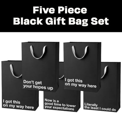 MilkToast Brands Funny Gift Bag Set of 5, 11" x 8" x 4", Bulk Pack of Black Kraft Paper Bags with Sarcastic Phrases for White Elephant Gifts, Christmas, Holidays, Office Parties, Father's Day