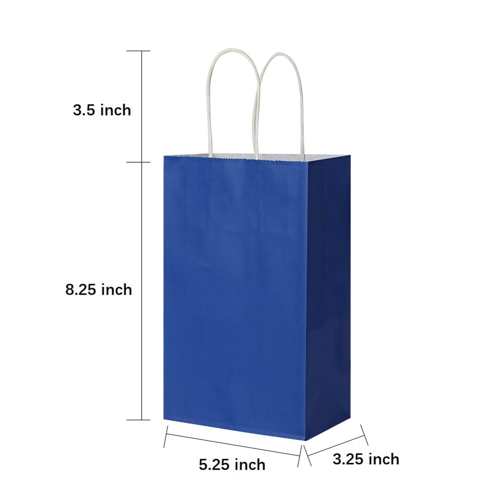 Oikss 100 Pack 5.25x3.25x8.25 Inch Small Royal Blue Kraft Paper Bags with Handles Bulk for Birthday Wedding Party Favors Grocery Retail Shopping Business Goody Craft Gift Bags Sacks (100pcs Count)