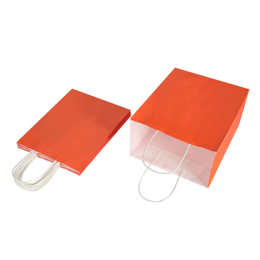 Oikss 50 Pack 8x4.75x10 Inch Medium Orange Kraft Paper Bags with Handles Bulk for Birthday Wedding Party Favors Grocery Retail Shopping Takeout Business Goody Craft Gift Bags Sacks, (50pcs Count)