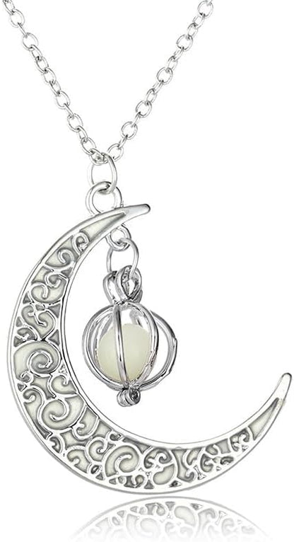 Glow in The Dark Silver Crescent Moon and Orb Necklace - Glowing Blue Moon Charm - Magical Fantasy Fairy Glowing Necklace - Glow Jewelry (sky blue)