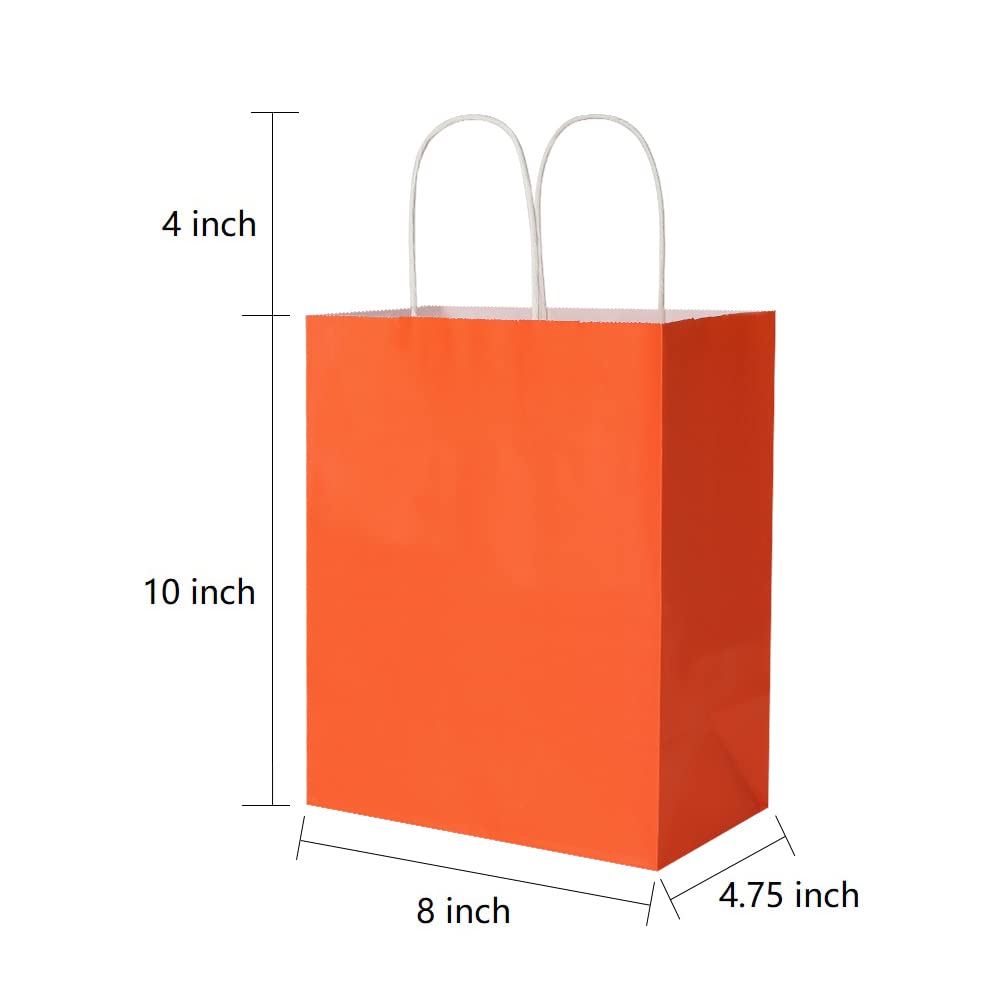 Oikss 50 Pack 8x4.75x10 Inch Medium Orange Kraft Paper Bags with Handles Bulk for Birthday Wedding Party Favors Grocery Retail Shopping Takeout Business Goody Craft Gift Bags Sacks, (50pcs Count)