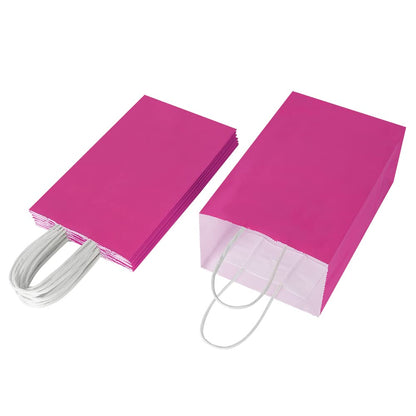 Oikss 100 Pack 5.25x3.25x8.25 Inch Small Hot Pink Kraft Paper Bags with Handles Bulk for Birthday Wedding Party Favors Grocery Retail Shopping Business Goody Craft Gift Bags Sacks (Fuchsia 100 Count)