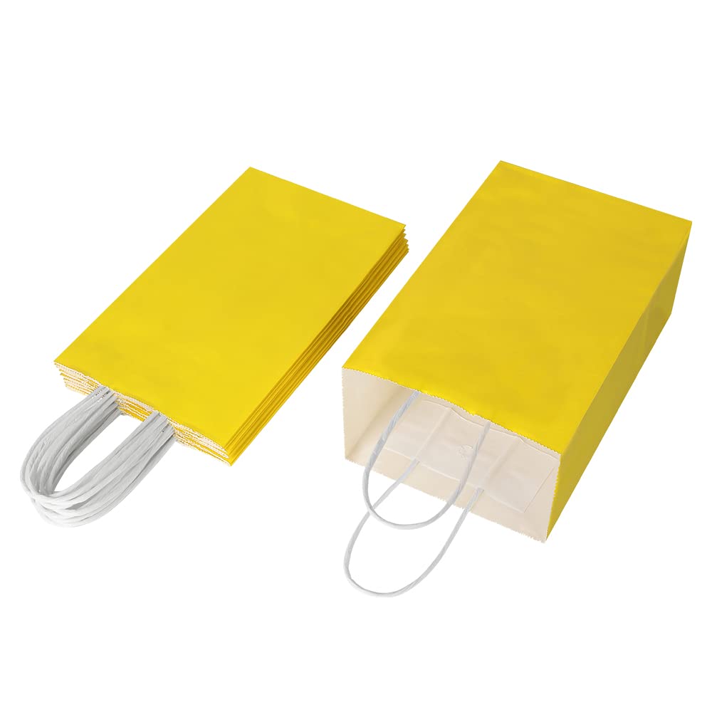 Oikss 100 Pack 5.25x3.25x8.25 Inch Small Yellow Kraft Paper Bags with Handles Bulk for Birthday Wedding Party Favors Grocery Retail Shopping Business Goody Craft Gift Bags Cub Sacks (100pcs Count)