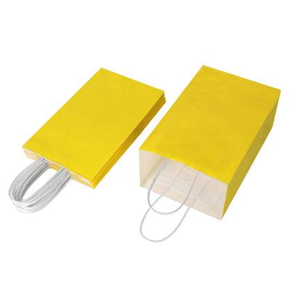Oikss 100 Pack 5.25x3.25x8.25 Inch Small Yellow Kraft Paper Bags with Handles Bulk for Birthday Wedding Party Favors Grocery Retail Shopping Business Goody Craft Gift Bags Cub Sacks (100pcs Count)