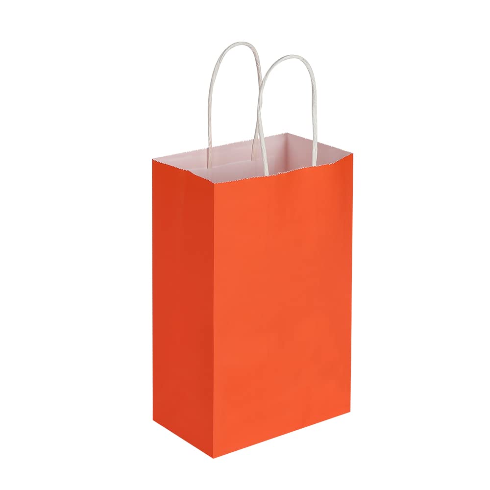 Oikss 100 Pack 5.25x3.25x8.25 Inch Small Orange Kraft Paper Bags with Handles Bulk for Birthday Wedding Party Favors Grocery Retail Shopping Business Goody Craft Gift Bags Cub Sacks (100pcs Count)