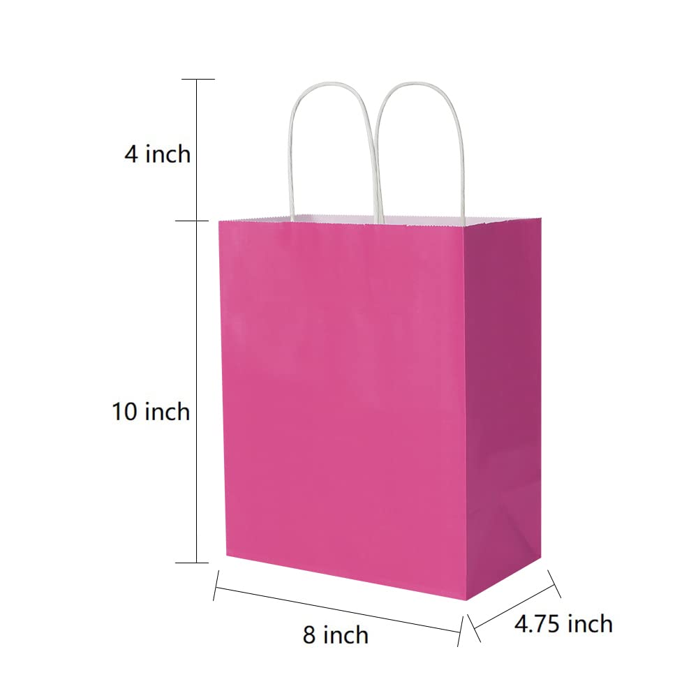 Oikss 100 Pack 8x4.75x10 Inch Medium Hot Pink Kraft Paper Bags with Handles Bulk for Birthday Wedding Party Favors Grocery Retail Shopping Business Goody Craft Gift Bags Sacks (Fuchsia 100pcs Count)