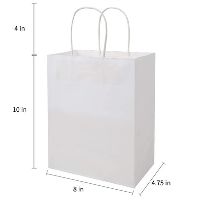 bagmad 50 Pack 8x4.75x10 inch Medium White Kraft Paper Bags with Handles Bulk, Gift Bags, Craft Grocery Shopping Retail Birthday Party Favors Wedding Sacks Restaurant Takeout, Business (50Pcs)