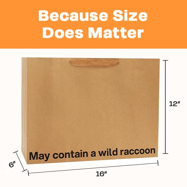 MilkToast Brands Funny Gift Bag, 16" x 6" x 12" Size, May Contain a Wild Raccoon, Large Kraft Paper Bag with Sarcastic Phrases, Funny Gift Bag for Mother's Day, Father's Day, Birthdays, Graduation