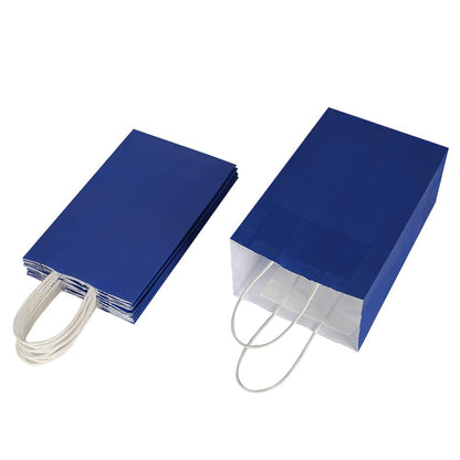 Oikss 100 Pack 5.25x3.25x8.25 Inch Small Royal Blue Kraft Paper Bags with Handles Bulk for Birthday Wedding Party Favors Grocery Retail Shopping Business Goody Craft Gift Bags Sacks (100pcs Count)