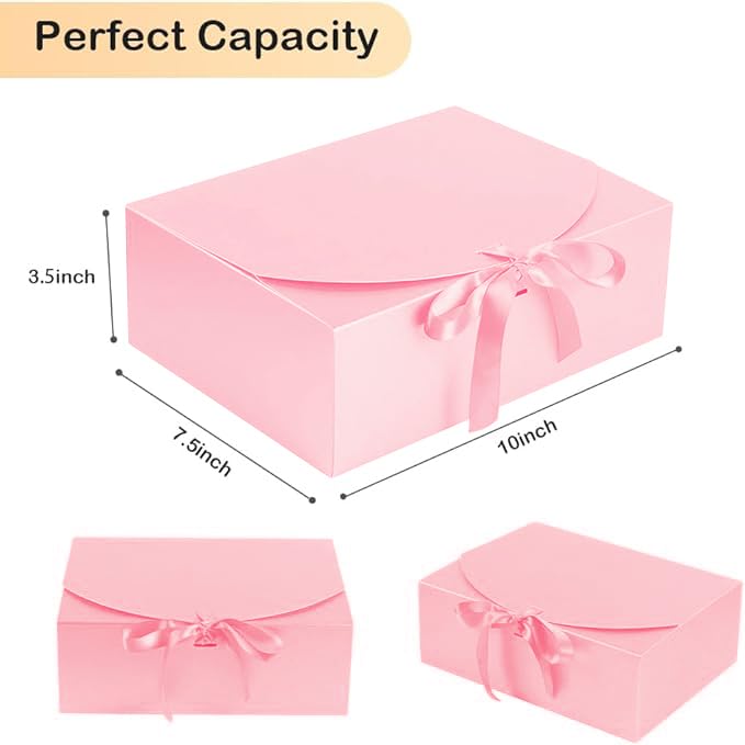 NEWSNOW 12 PCS Gift Boxes with Lids, 10x7.5x3.5 Inch Paper Gift Box, with Ribbon, Bridesmaid Proposal Box for Wedding, BirthdayPackaging, Present (Pink)