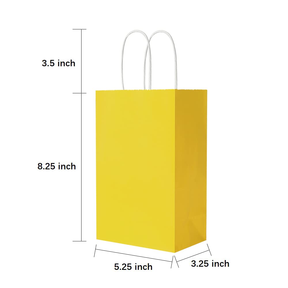 Oikss 100 Pack 5.25x3.25x8.25 Inch Small Yellow Kraft Paper Bags with Handles Bulk for Birthday Wedding Party Favors Grocery Retail Shopping Business Goody Craft Gift Bags Cub Sacks (100pcs Count)