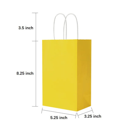 Oikss 100 Pack 5.25x3.25x8.25 Inch Small Yellow Kraft Paper Bags with Handles Bulk for Birthday Wedding Party Favors Grocery Retail Shopping Business Goody Craft Gift Bags Cub Sacks (100pcs Count)