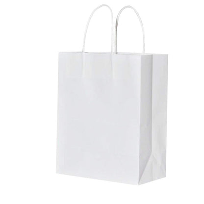 bagmad 100 Pack Sturdy Small White Kraft Paper Bags with Handles Bulk, Gift Bags 5.25x3.25x8 Inch, Craft Grocery Shopping Retail Party Favors Wedding Business Sacks (White, 100pcs)
