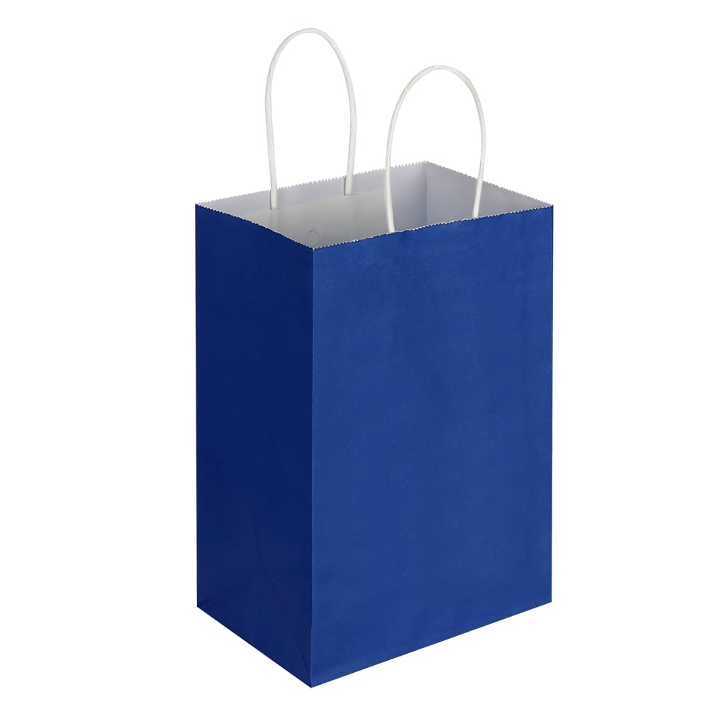 Oikss 100 Pack 5.25x3.25x8.25 Inch Small Royal Blue Kraft Paper Bags with Handles Bulk for Birthday Wedding Party Favors Grocery Retail Shopping Business Goody Craft Gift Bags Sacks (100pcs Count)