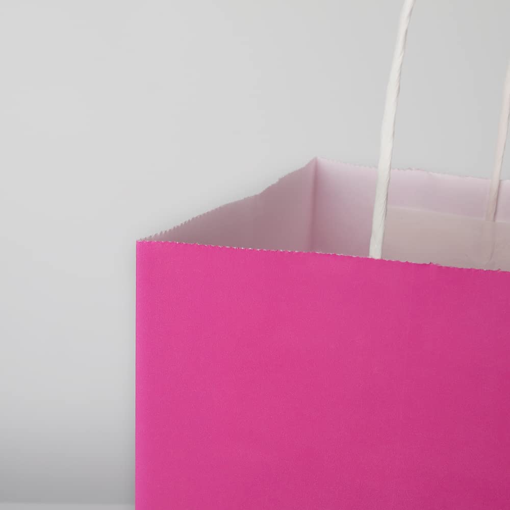 Oikss 100 Pack 8x4.75x10 Inch Medium Hot Pink Kraft Paper Bags with Handles Bulk for Birthday Wedding Party Favors Grocery Retail Shopping Business Goody Craft Gift Bags Sacks (Fuchsia 100pcs Count)