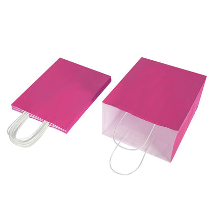 Oikss 100 Pack 8x4.75x10 Inch Medium Hot Pink Kraft Paper Bags with Handles Bulk for Birthday Wedding Party Favors Grocery Retail Shopping Business Goody Craft Gift Bags Sacks (Fuchsia 100pcs Count)