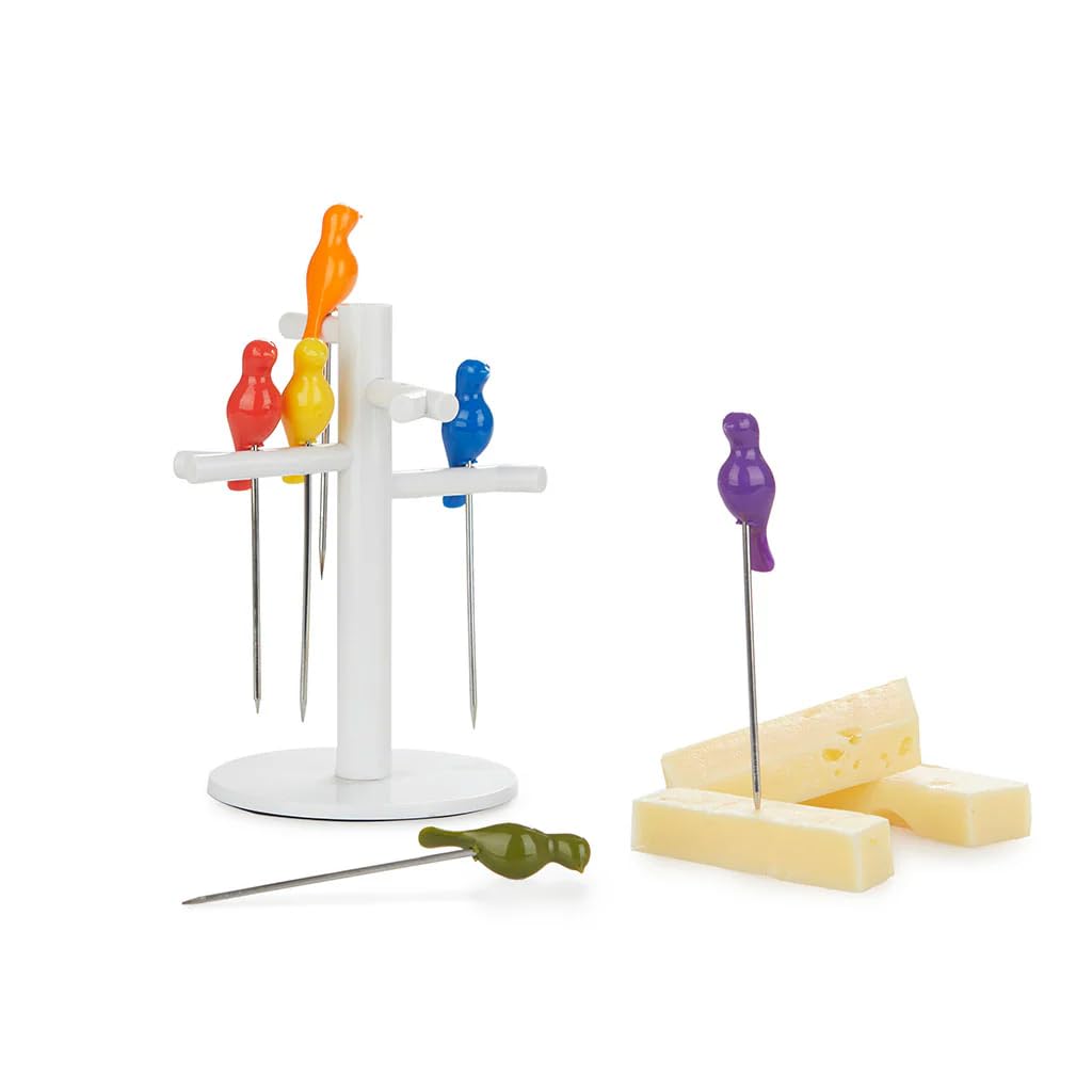 Balvi Birdies Snack Forks Set – 6 Stainless Steel Bird-Shaped Appetizer Picks with Stand, Ideal for Entertaining and Parties – Aperitif Spike – Palillos para Aperitivos