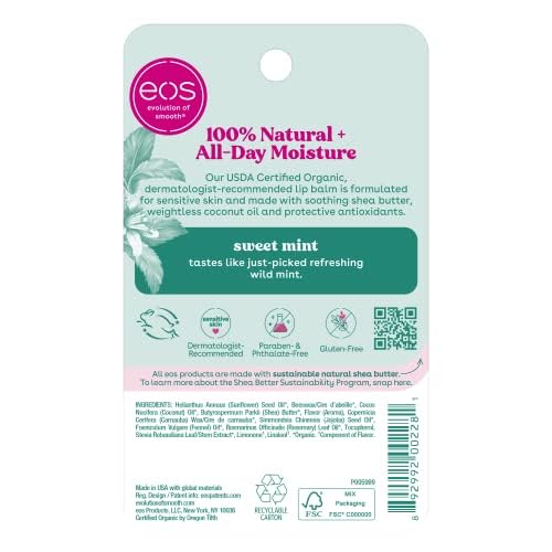 eos 100% Natural & Organic Lip Balm - Sweet Mint, All-Day Moisture, Dermatologist Recommended for Sensitive Skin Care, Lip Care Products, 0.25 oz