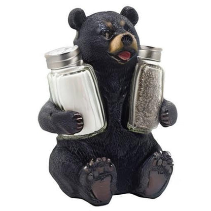 Decorative Black Bear Glass Salt and Pepper Shaker Set with Holder Figurine Sculpture for Rustic Lodge and Cabin Kitchen Table Decor Centerpieces & Spice Rack Decorations or Teddy Bear Gifts