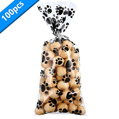 Blulu 100 Pieces Dog Treat Bags Puppy Party Favor Pet Paw Cone Cellophane Bags Candy Heat SealableDog Paw Gift with 100 Pieces Silver Twist Ties for Pet Cat Treat Party Favor(Black)