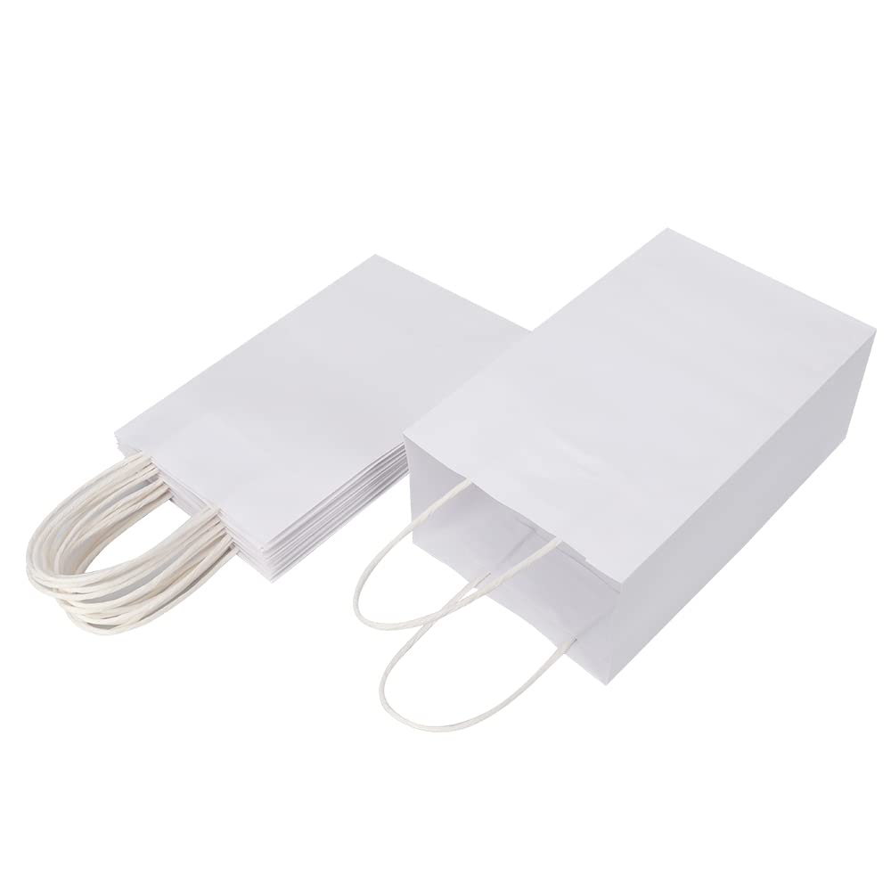 Oikss 100 Pack 5.25x3.25x8.25 Inch Small White Kraft Paper Bags with Handles Bulk for Birthday Wedding Party Favors Grocery Retail Shopping Business Goody Craft Gift Bags Cub Sacks (100pcs Count)