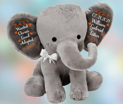 Adoption Gift - Wanted, Chosen, Loved, Adopted - Personalized- Adoption Celebration Plush Elephant Adoption Keepsake - Gotcha Gift