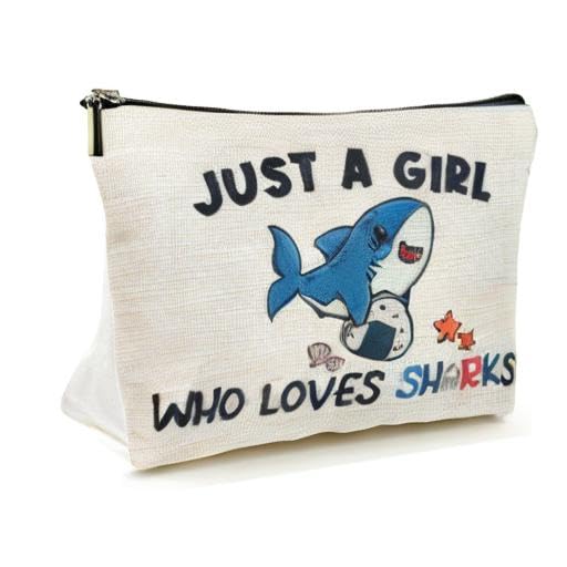 Shark Gifts for Women Makeup Bag, Cute Shark Themed Gifts for Shark Lovers Girls Kids Accessories, Just A Girl Who Loves Sharks Cosmetic Stuff Pouch, Birthday Christmas Decorations