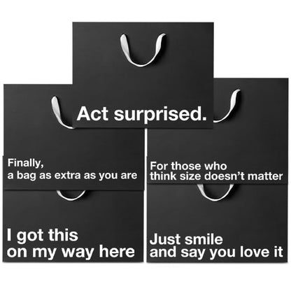 MilkToast Brands Funny Gift Bags, 16" x 6" x 12" Size, 5-Pack Set with Assorted Sarcastic Phrases, Large Black Kraft Paper Bags for White Elephant Gifts, Christmas, Holidays, Office Parties, Birthdays, Father's Day