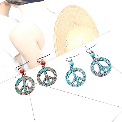 Peace Sign Symbol Hook Dangle Drop Earring Vintage Antique Silver Beads Turquoise Carved Flower Earrings for Women Jewelry Gift