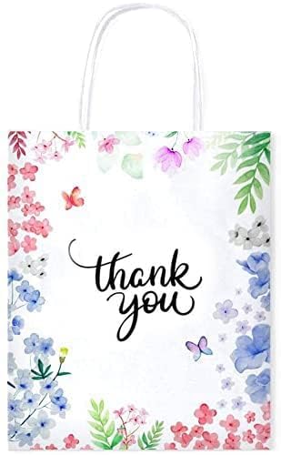 Purple Q Crafts Thank You Gift Bags 50 Pack 8" X 4" X 10" Small Paper Bags With Handles Floral Design Thank You Bags For Business, Boutique, Gifts, Wedding Favors…