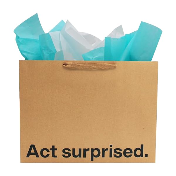 MilkToast Brands Funny Gift Bag, 16" x 6" x 12" Size, “Act Surprised”, Large Kraft Paper Bag with Sarcastic Phrases, Funny Gift Bag for Mother's Day, Father's Day, Birthdays, Graduation