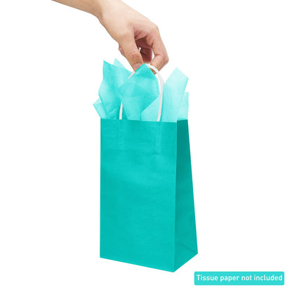 DjinnGlory 100 Pack Small Size Teal Blue Paper Gift Bags with Handles Bulk 9x5.5x3.15 Inch for Holiday Birthday Wedding Baby Shower Party Favors, Business Merchandise Shopping Bags