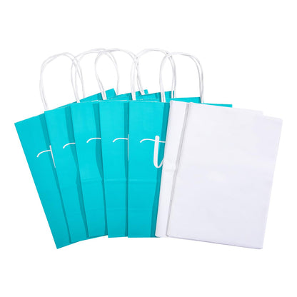 DjinnGlory 50 Pack Medium Sized Teal Blue Gift Bags Thank You Paper Bags with Handles 10''x8''x4'' and 50 White Tissue Paper for Small Business Shopping, Wedding Baby Shower Party Favors (Teal)