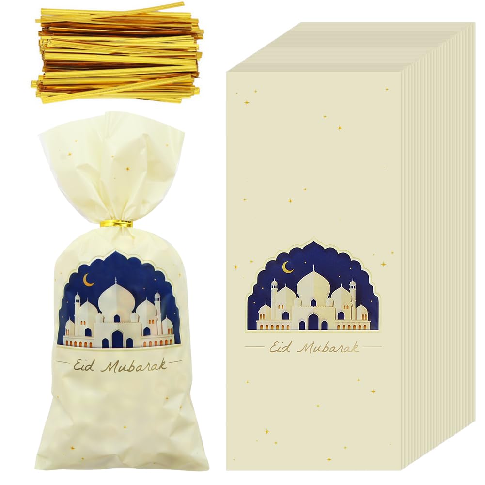 Eid Cellophane Treat Bags 50 PCS,Ramadan Mubarak Plastic Candy Bags with Twist Ties,Eid Moon Castle Gift Bags Party Favor Bags For Islamic Muslim Eid Mubarak Party