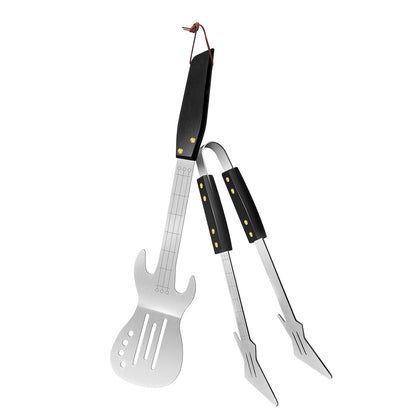 Rock Guitar Style Heavy Duty Stainless Steel 2-Piece Barbecue Tool Set - Spatula & Tongs with Wooden Handle