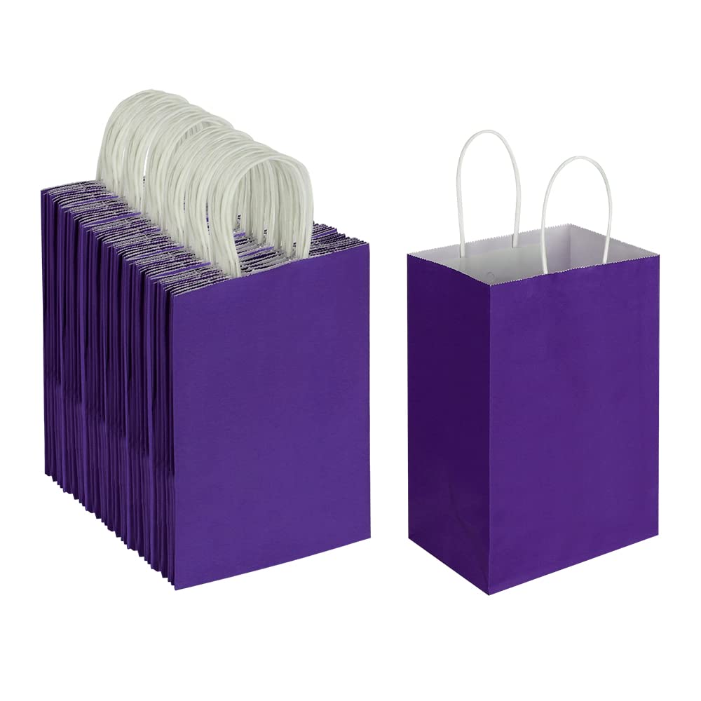 Oikss 100 Pack 5.25x3.25x8.25 Inch Small Purple Kraft Paper Bags with Handles Bulk for Birthday Wedding Party Favors Grocery Retail Shopping Business Goody Craft Gift Bags Cub Sacks (100pcs Count)