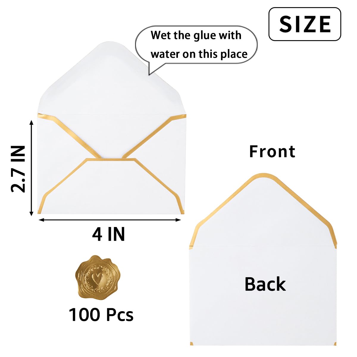 100 Pieces Mini Gift Card Envelopes Colorful V Flap Small Envelopes with Gold Border for Blank Note Cards, Business Gift Cards (White, 4 x 2.7 Inches)